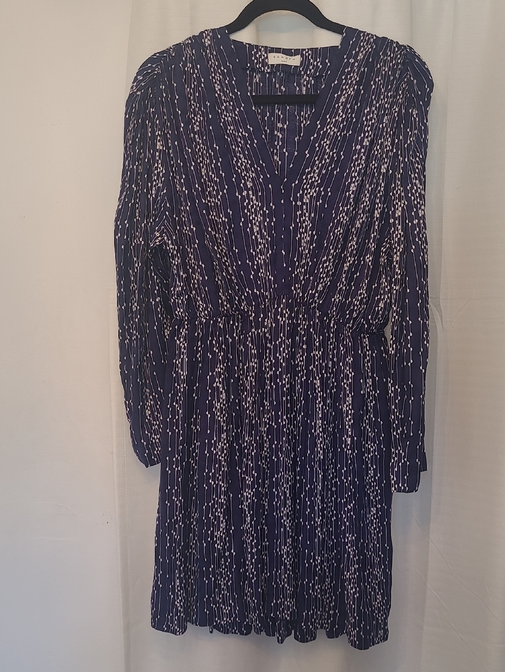 SANDRO PARIS Women's Navy Blue Long Sleeve Printed V-Neck Dress